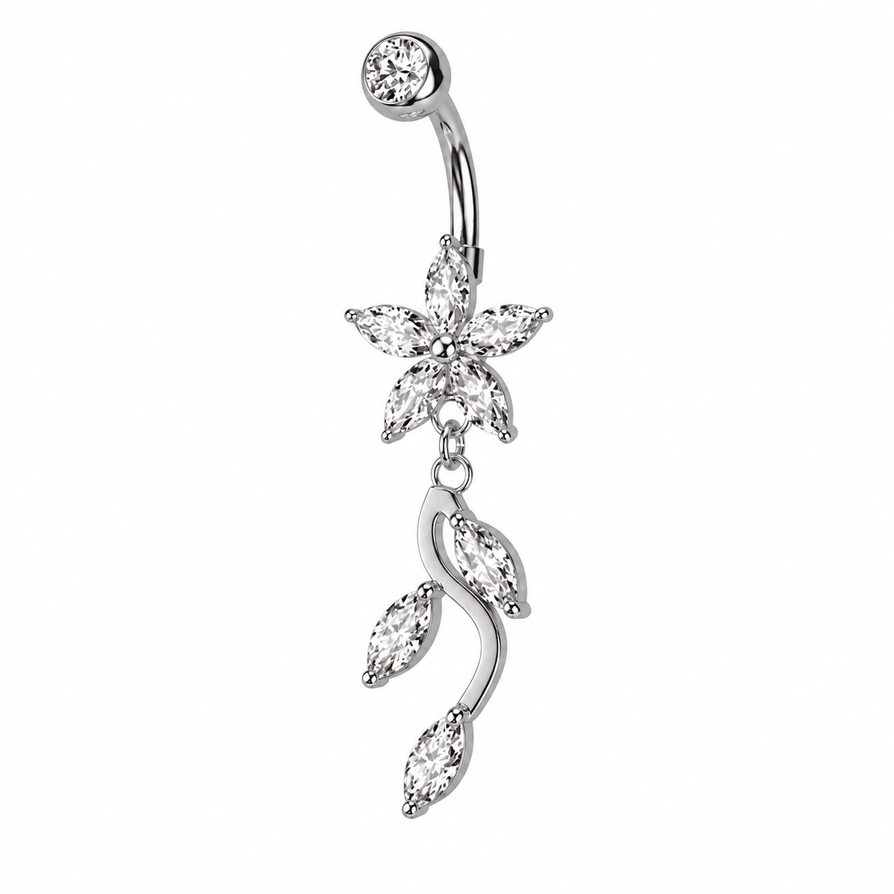 Silver Crystal Flower & Vine Dangle Belly Ring