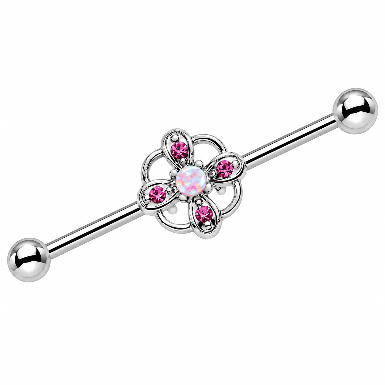 Silver Pink Crystal Flower Industrial Barbell πΈβ¨