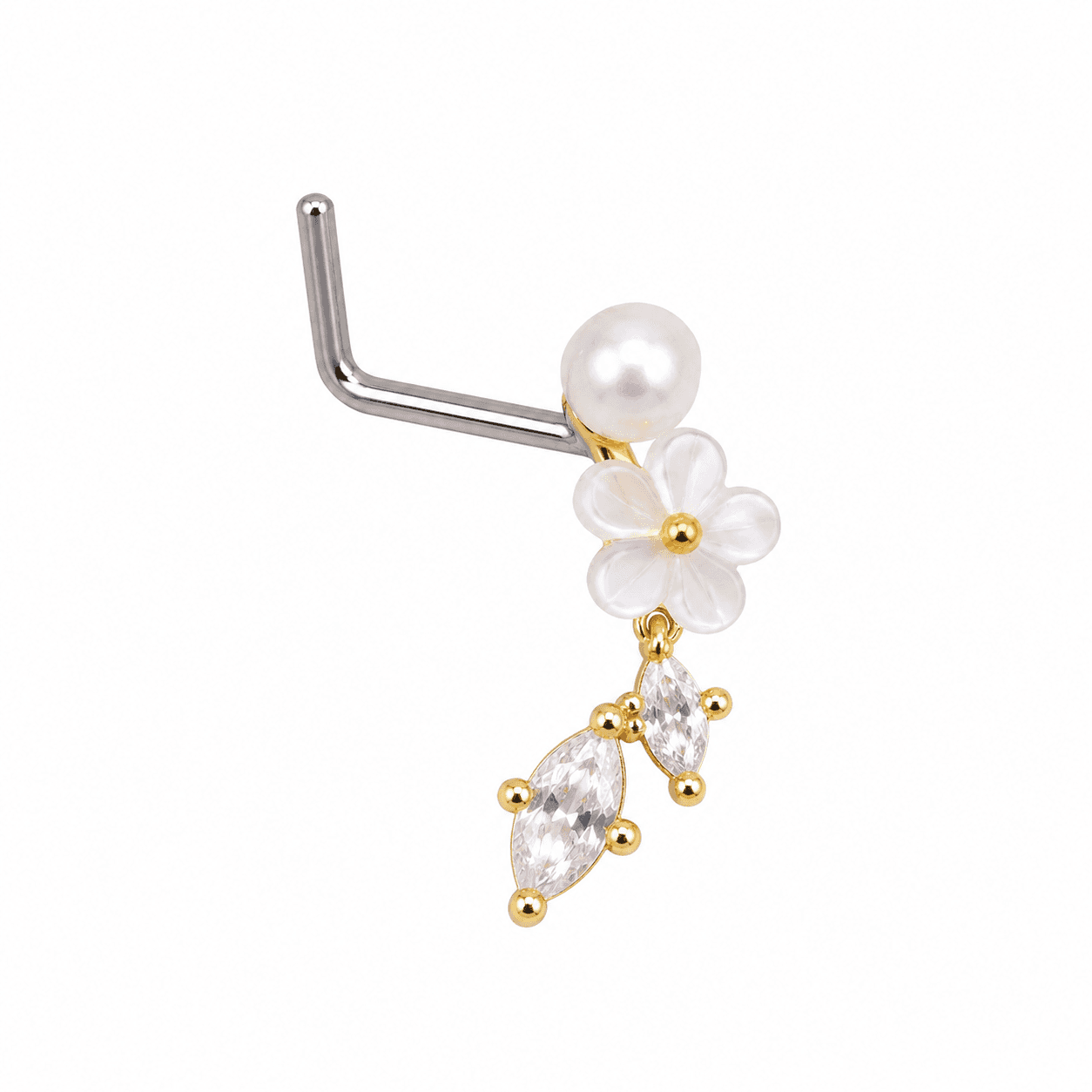 Pearl & Flower Dangle L-Shape Nose Ring