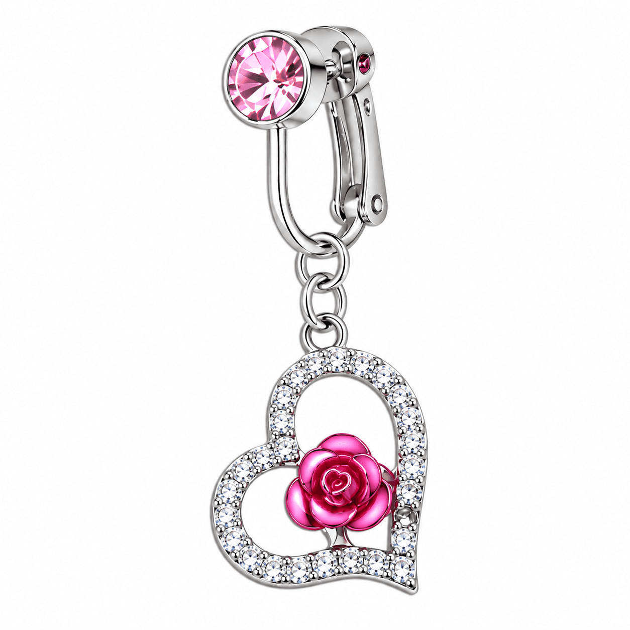 Pink Rose Heart Dangle Clip-On Belly Ring