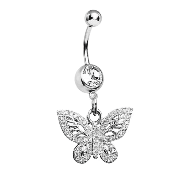 Silver Crystal Butterfly Dangle Belly Ring π¦β¨
